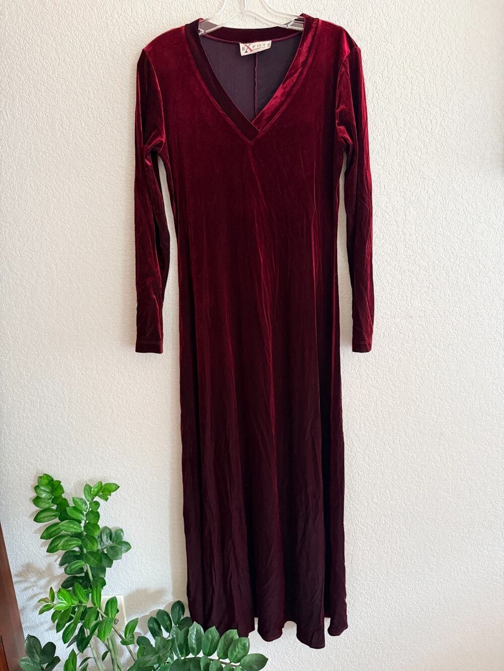 Vintage Expose Burgundy Velvet Maxi Dress Long Sleeve V Neck 90s Y2K Goth